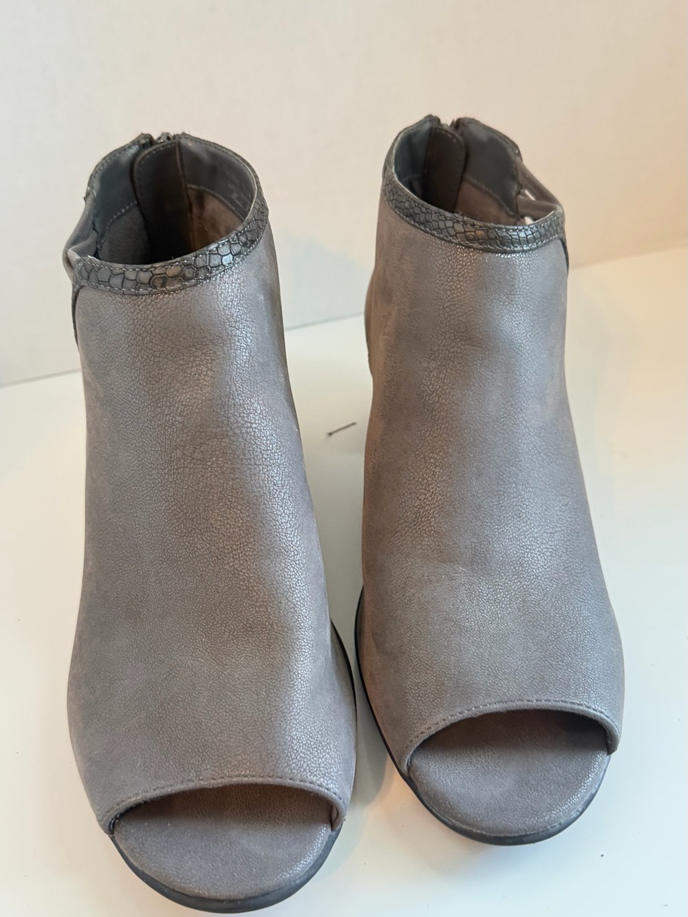 easy street Gray Open-Toe Ankle Boots with Textured Trim